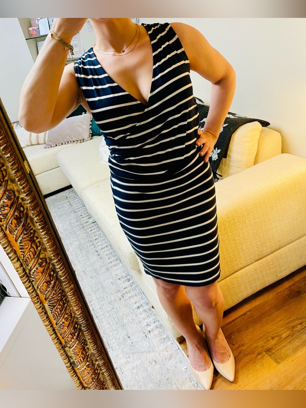 NWOT Ann Taylor navy and white striped knee length dress with draped wrap dress